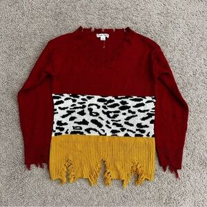 Caren Sport Knit Distressed Red Yellow Cow Print Womens 1X